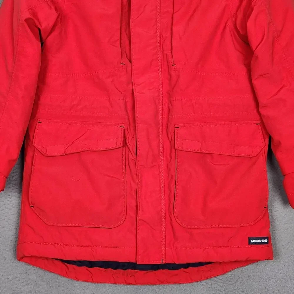 Lands' End Parka Coat Kids Small 8 Red Hooded Insulated Winter Grow-A-Longs